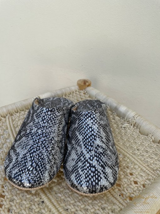 CHAUSSONS BABOUCHES PYTHON CUIR ARGENT