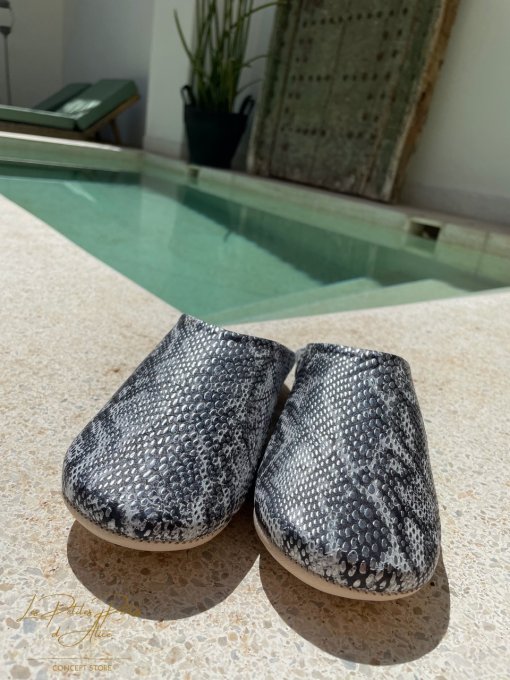 CHAUSSONS BABOUCHES PYTHON CUIR ARGENT