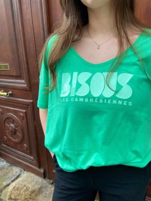 T-SHIRT VERT « BISOUS LES CAMBRÉSIENNES » PAILLETTES FLEX VERT