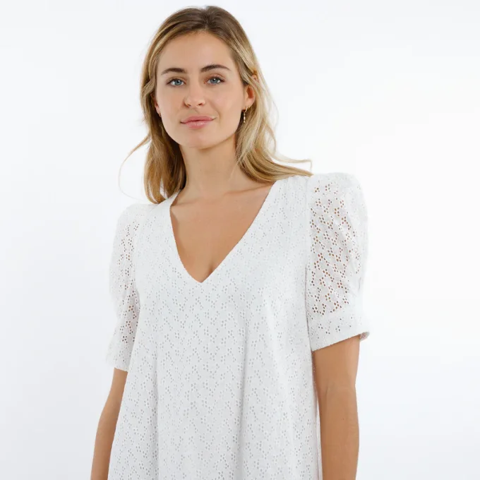 ROBE DALLA À ÉPAULES BOUFFANTES BRODERIE ANGLAISE BLANCHE