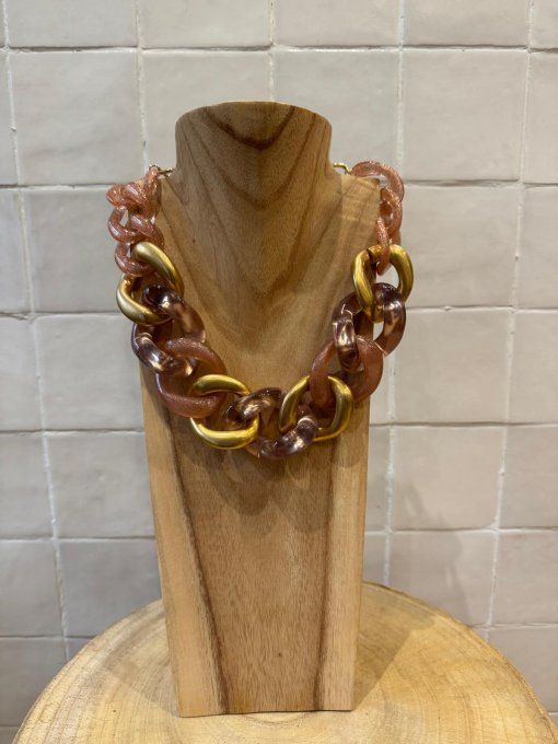 COLLIER MAILLONS VIEUX ROSE PAILLETÉ /DORÉ / GLITTER - FRANCINE BRAMLI  
