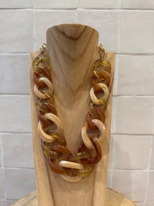 COLLIER MAILLONS BEIGE TRANSPARENTS/DORÉE TERRACOTA - FRANCINE BRAMLI 