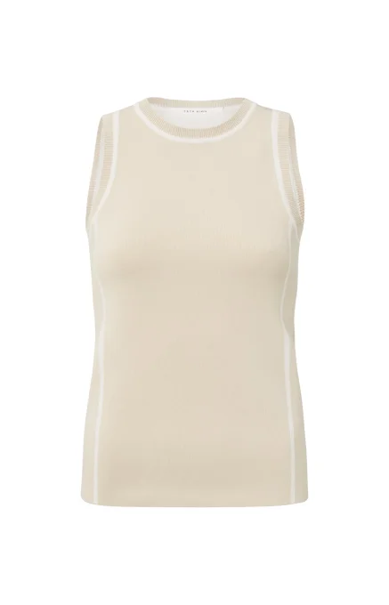 TOP EN MAILLE CÔTELÉE BEIGE AVEC RAYURE BLANCHE