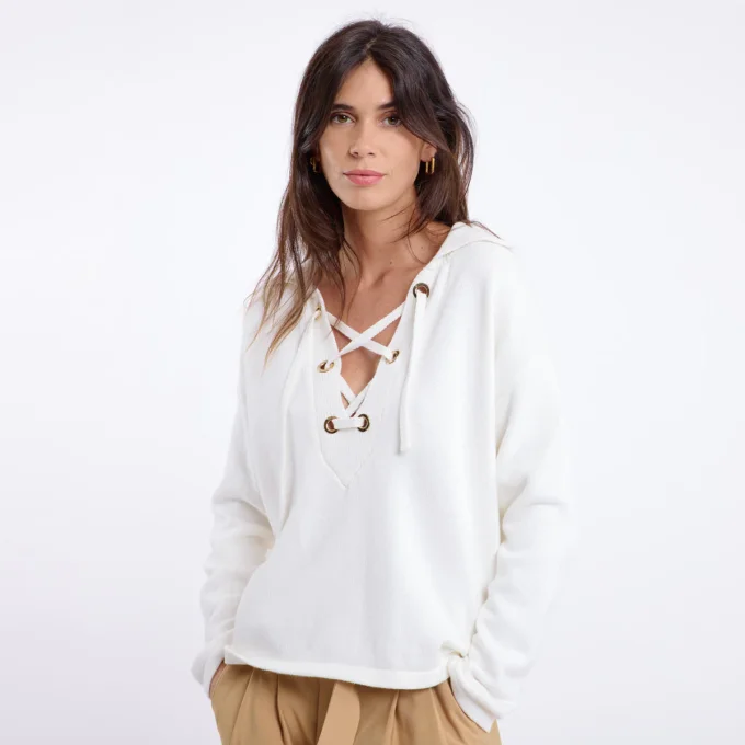 PULL SINDY BLANC COL V LACET 