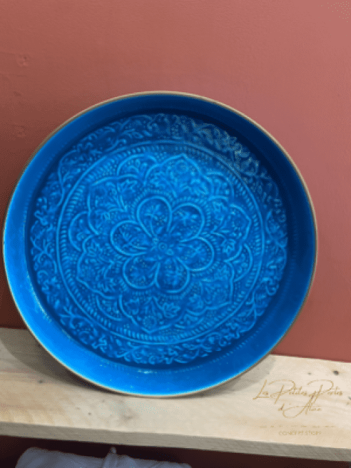 PLATEAU BERBÈRE MÉTAL ÉMAILLÉ BLEU AZUR - 45 CM