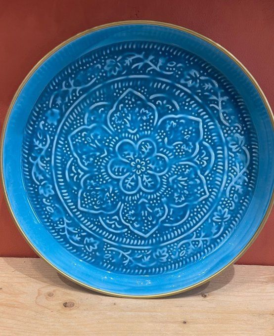 PLATEAU BERBÈRE MÉTAL ÉMAILLÉ BLEU - 35CM