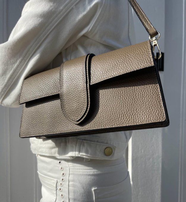 SAC POCHETTE CUIR GRAINÉE TAUPE