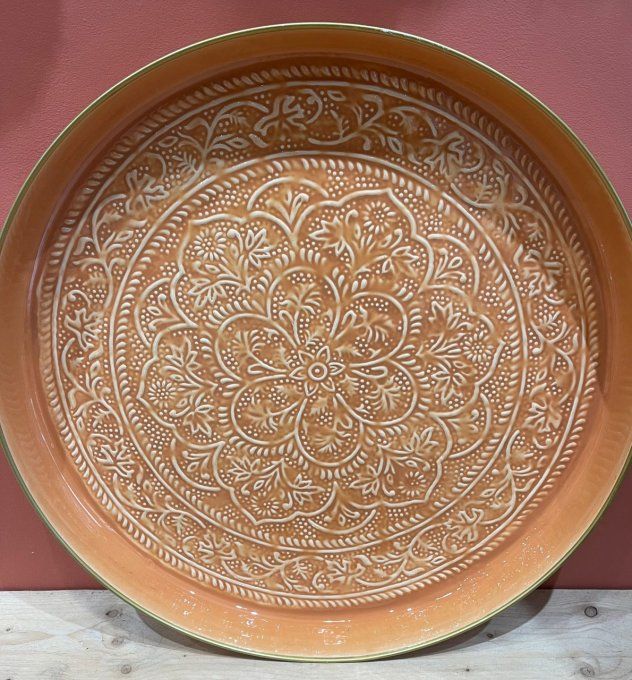 PLATEAU BERBÈRE MÉTAL ÉMAILLÉ TERRACOTTA XXL