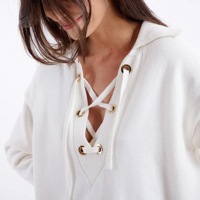 PULL SINDY BLANC COL V LACET 