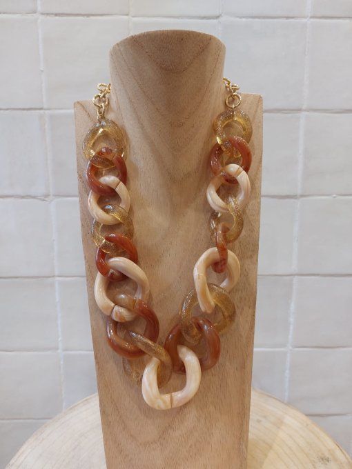 COLLIER MAILLONS BEIGE TRANSPARENTS/DORÉE TERRACOTA - FRANCINE BRAMLI 
