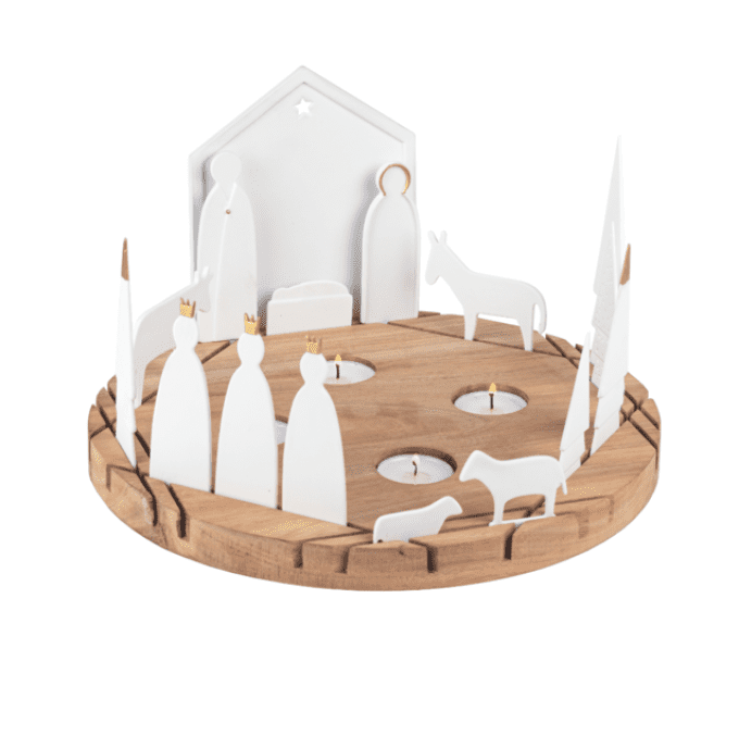 CRECHE DE NOEL RONDE ET FIGURINES PHOTOPHORE EN PROCELAINE ET BOIS