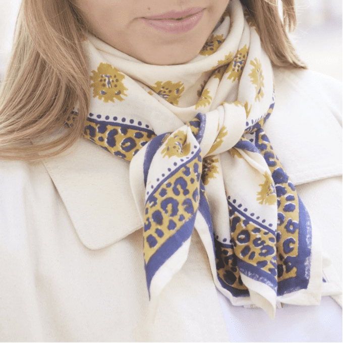 GRAND FOULARD BLEU DORÉ BEIGE - INDIEN 