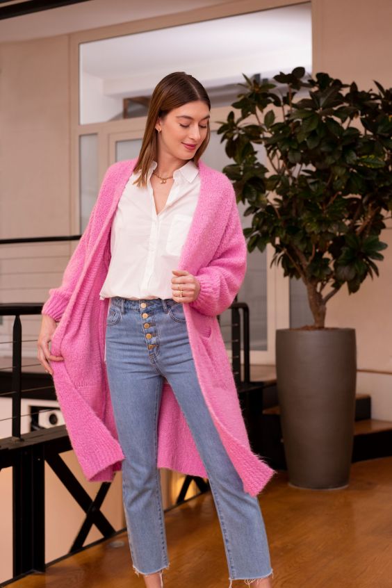 gilet long rose poudré