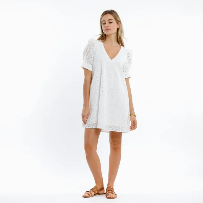 ROBE DALLA À ÉPAULES BOUFFANTES BRODERIE ANGLAISE BLANCHE