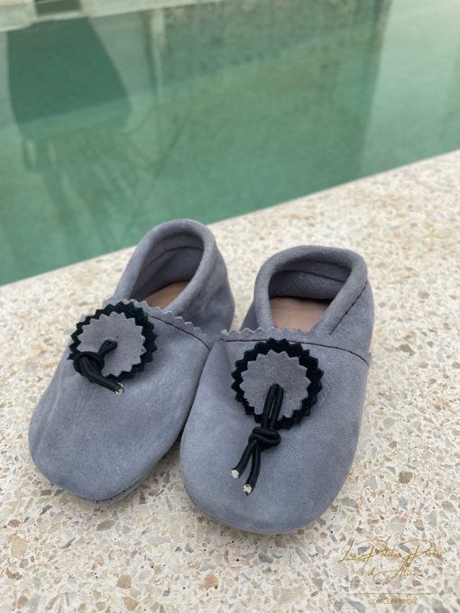 CHAUSSONS BABOUCHES CUIR BÉBÉ BLEU ET MARINE