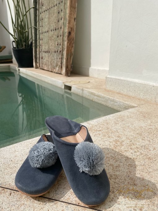 CHAUSSONS BABOUCHES BLEU GRIS PAILLETTES 