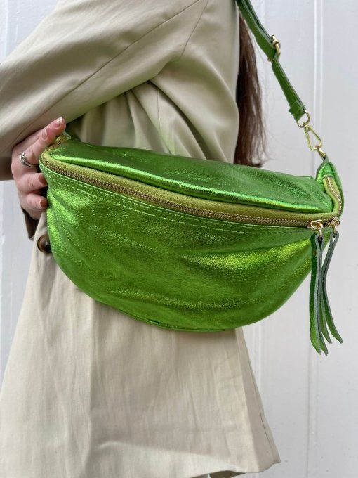 SAC BANANE CUIR IRRISÉ VERT POMME XL