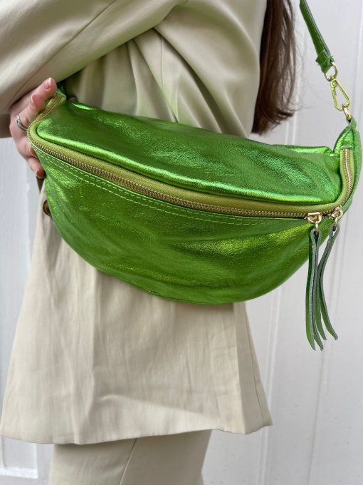 SAC BANANE CUIR IRRISÉ VERT POMME XL