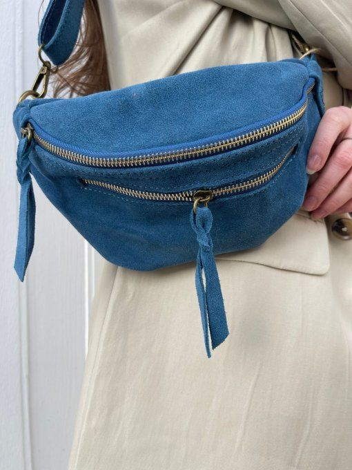 SAC BANANE EFFET DAIM DOUBLE FERMETURE BLEU MARINE