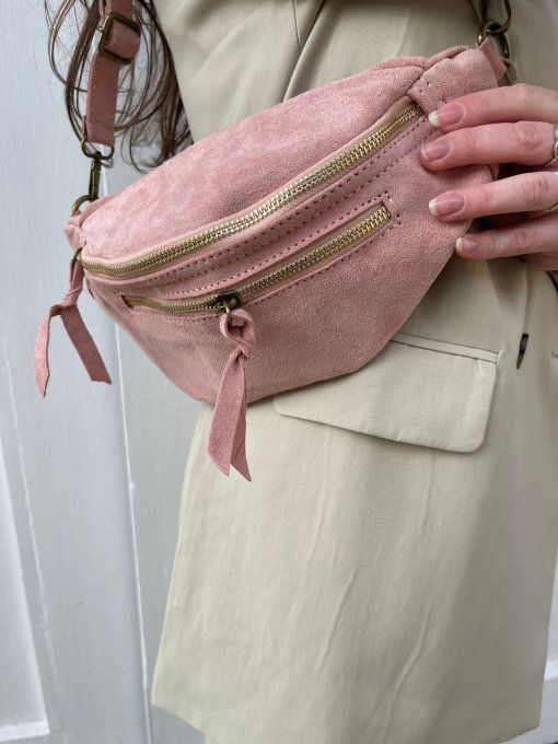 SAC BANANE EFFET DAIM DOUBLE FERMETURE VIEUX ROSE