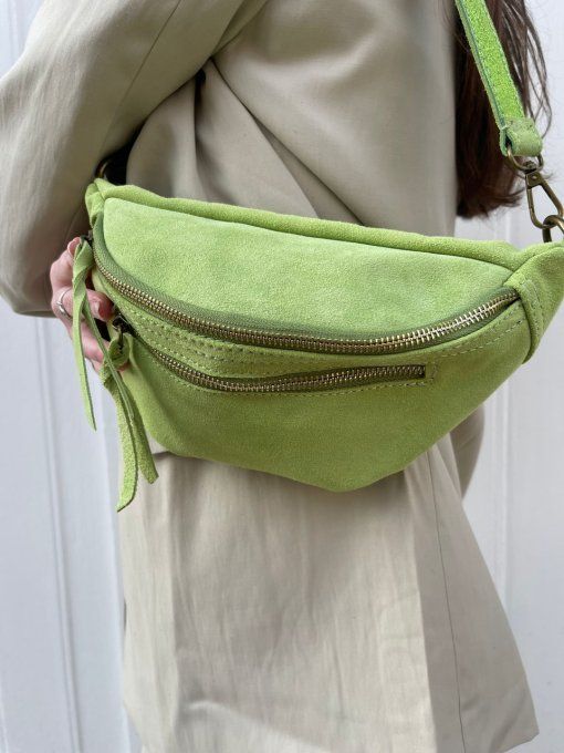 SAC BANANE EFFET DAIM DOUBLE FERMETURE VERTE