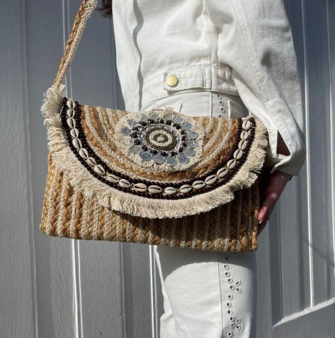 SAC POCHETTE JUTE BANDOULIERE BEIGE NOIR ET ARGENTÉ