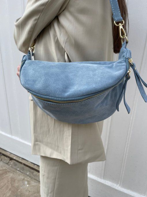 SAC BANANE CUIR EFFET DAIM BLEU CIEL XL