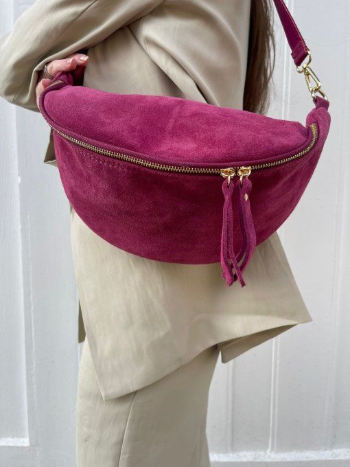 SAC BANANE CUIR EFFET DAIM FUSCHIA XL