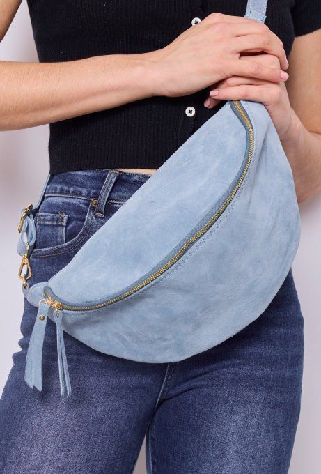 SAC BANANE CUIR EFFET DAIM BLEU CIEL XL