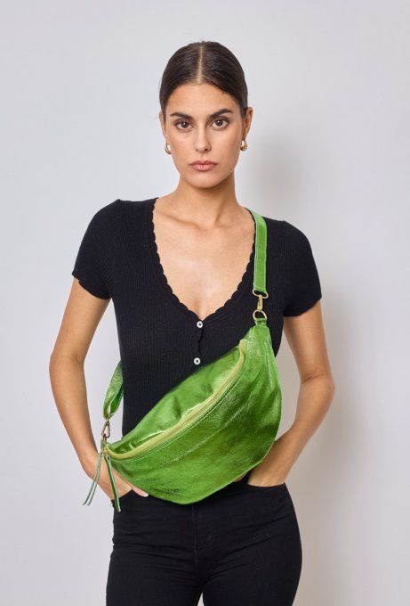 SAC BANANE CUIR IRRISÉ VERT POMME XL