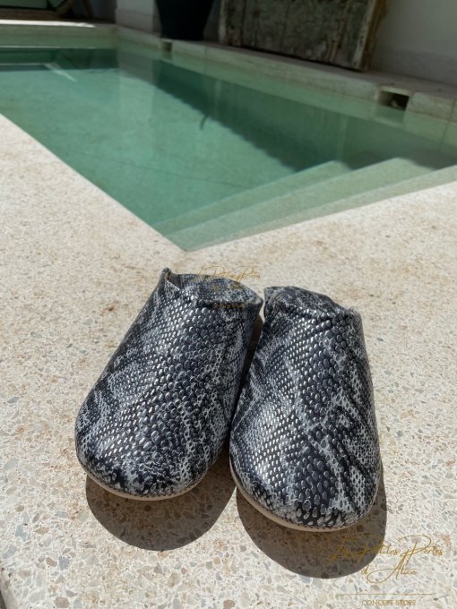 CHAUSSONS BABOUCHES PYTHON CUIR ARGENT