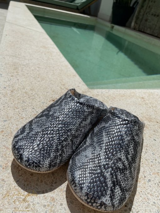 CHAUSSONS BABOUCHES PYTHON CUIR ARGENT