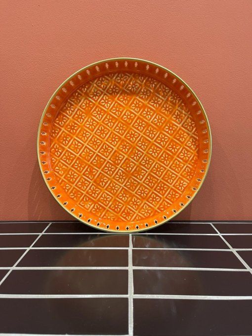 PLATEAU JALI BERBÈRE AJOURÉ MÉTAL ÉMAILLÉ ORANGE - 35CM