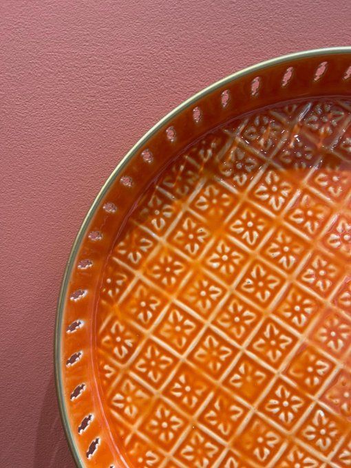 PLATEAU JALI BERBÈRE AJOURÉ MÉTAL ÉMAILLÉ ORANGE - 35CM