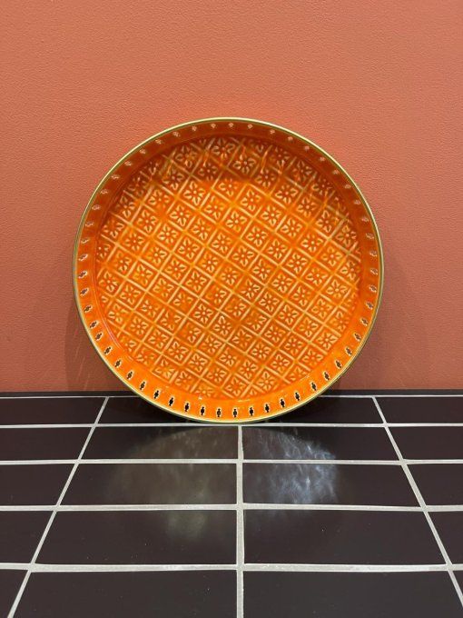 PLATEAU JALI BERBÈRE AJOURÉ MÉTAL ÉMAILLÉ ORANGE - 35CM