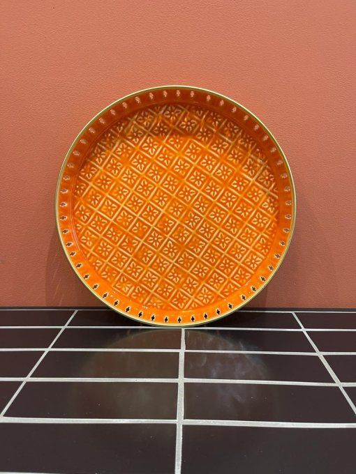 PLATEAU JALI BERBÈRE AJOURÉ MÉTAL ÉMAILLÉ ORANGE - 35CM