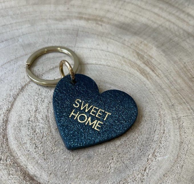 PORTE-CLÉS CUIR COEUR "SWEET HOME" BLEU CANARD BRILLANT