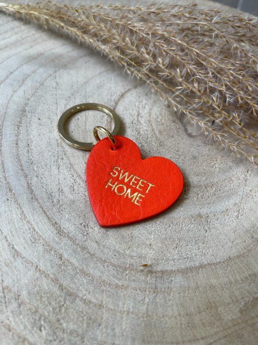 PORTE CLÉ COEUR "SWEET HOME" CORAIL