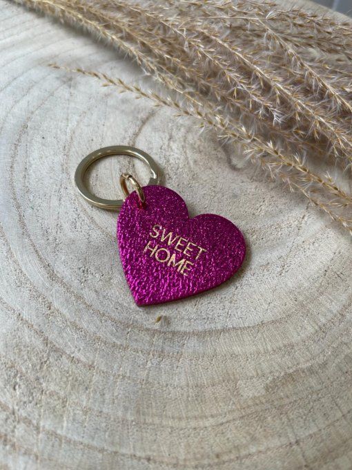 PORTE CLÉ COEUR "SWEET HOME" ROSE FUSHIA BRILLANT 