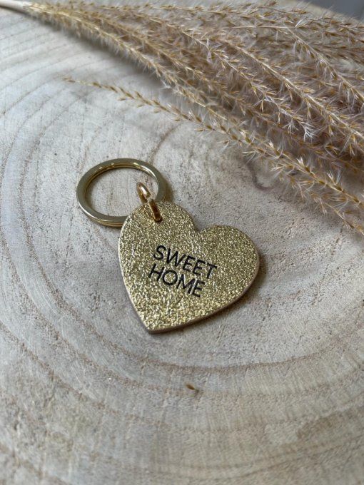 PORTE-CLÉS CUIR COEUR "SWEET HOME" DORÉ BRILLANT