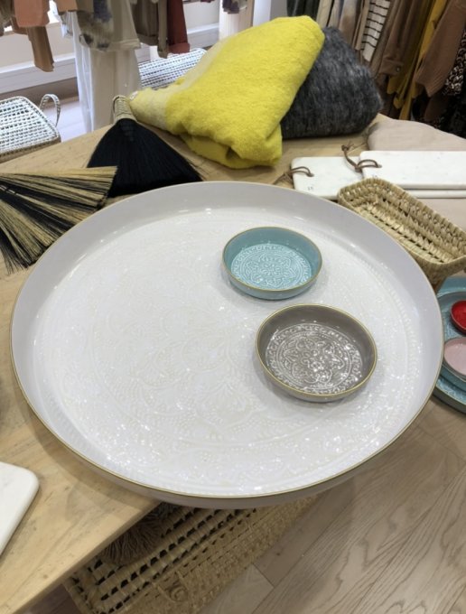 PLATEAU BERBÈRE MÉTAL ÉMAILLÉ BLANC - XXL