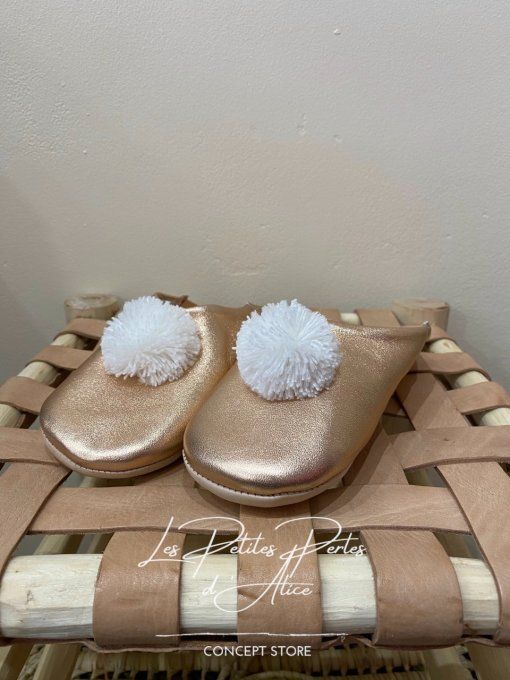 CHAUSSONS BABOUCHES CUIR "FILLE" OR PAILLETTE BLANC 