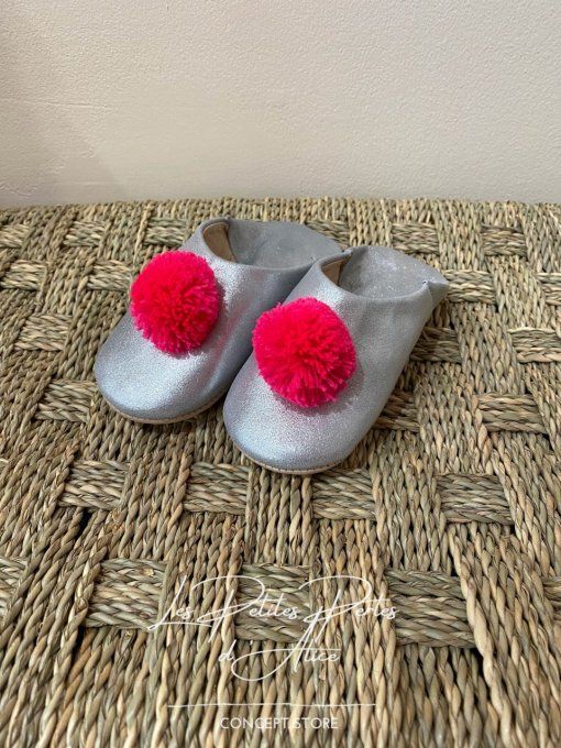 CHAUSSONS BABOUCHES CUIR "FILLE" ARGENT ROSE FUCHSIA