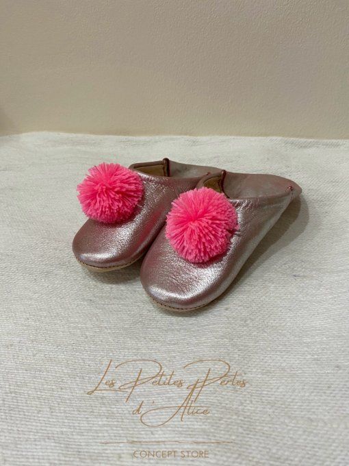 CHAUSSONS BABOUCHES CUIR "FILLE" ROSE GLITTER ROSE