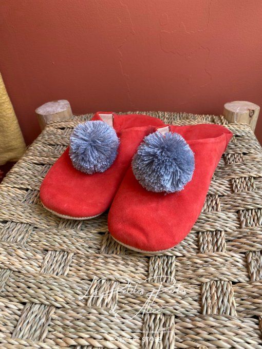 CHAUSSONS BABOUCHES "FILLE " COQUELICOT  ET GRIS 