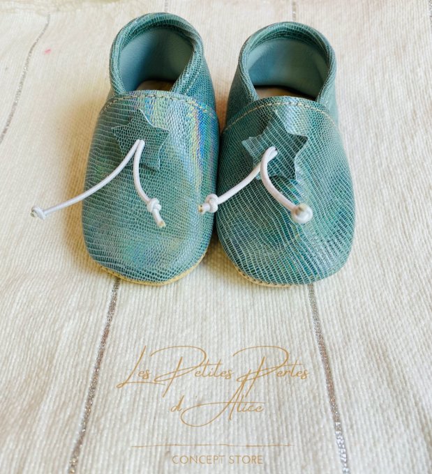 CHAUSSONS BABOUCHES CUIR BÉBÉ BLEU EFFET