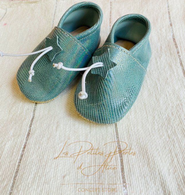 CHAUSSONS BABOUCHES CUIR BÉBÉ BLEU EFFET