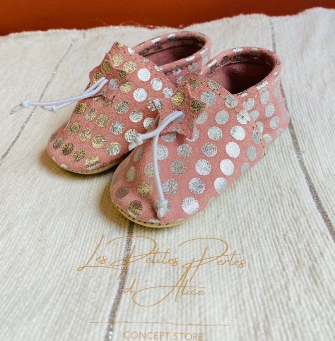 CHAUSSONS BABOUCHES CUIR BÉBÉ ROSE POIS ARGENT