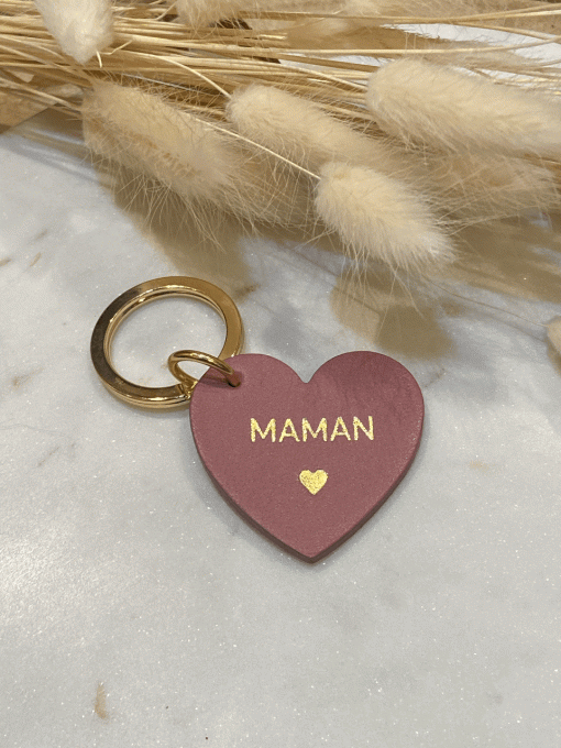 PORTE-CLÉS CUIR COEUR "MAMAN" VIEUX ROSE