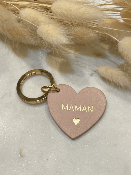 PORTE-CLÉS CUIR COEUR "MAMAN" ROSE PÂLE